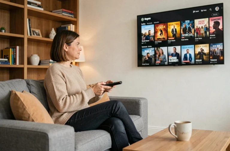 Femme regardant des séries TV sur son canapé dans un salon moderne et cosy