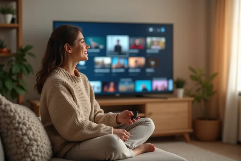 Femme regardant un film en streaming légal sur sa télévision dans un salon moderne et cosy