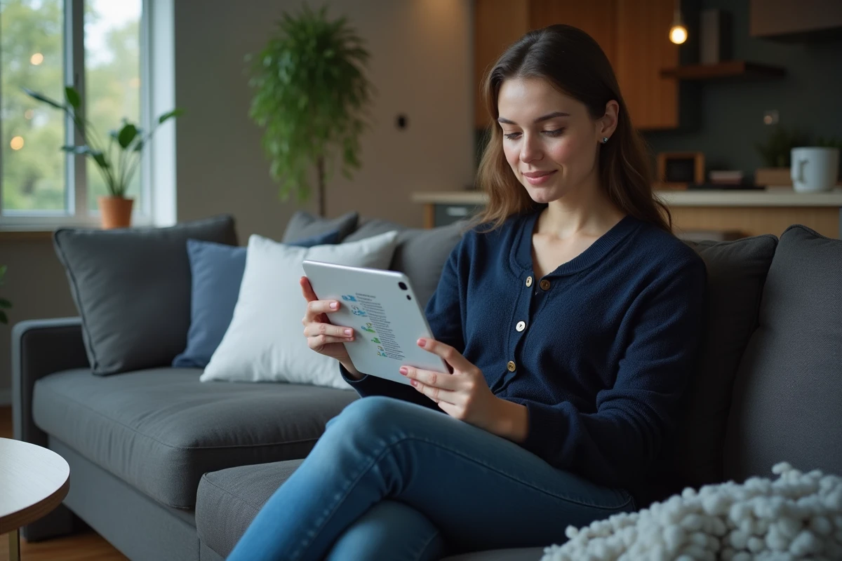Femme naviguant sur un site de téléchargement depuis une tablette dans un salon contemporain