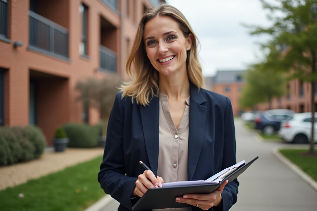 Jeune femme professionnelle parlant devant un immeuble en ville