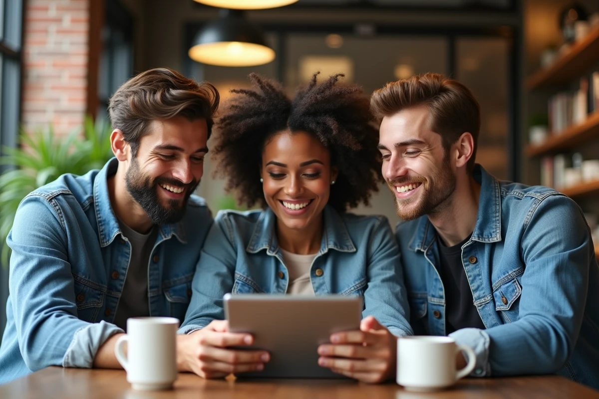 Groupe de jeunes analysant des données dans un café urbain