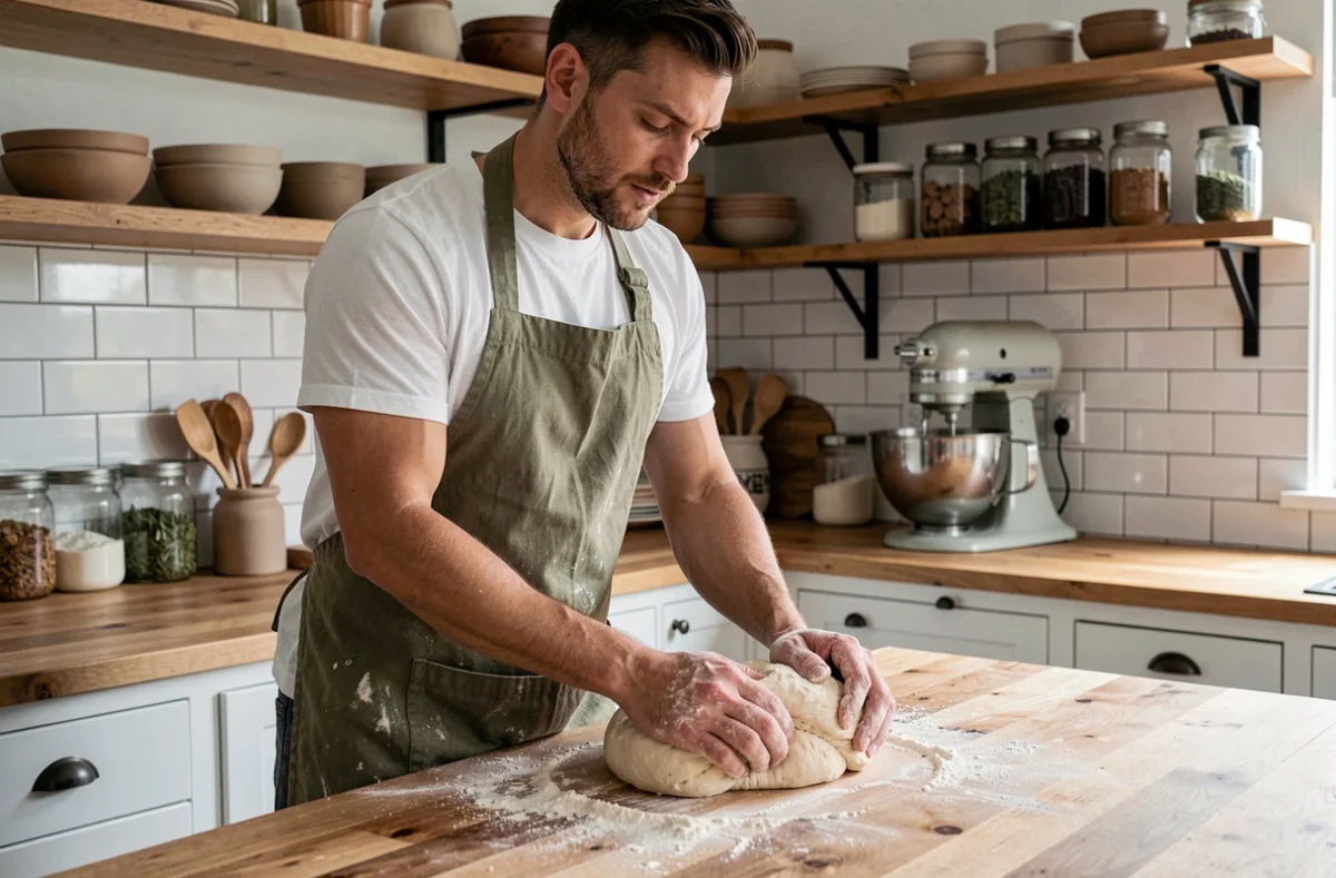 Homme pétrissant de la pâte à pain dans une cuisine moderne, idée d'activité créative et gourmande à la maison