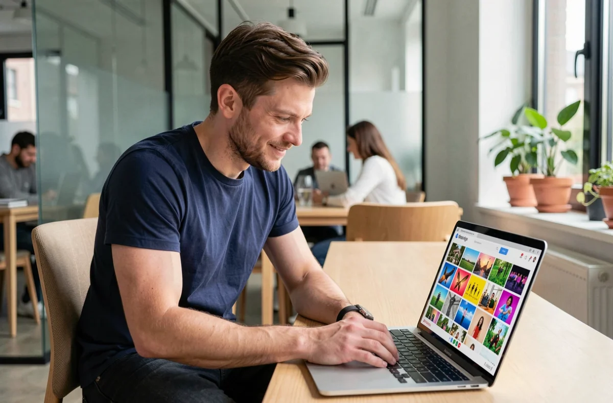 Homme en bureau moderne consultant un site de gifs animés gratuits sur son ordinateur portable