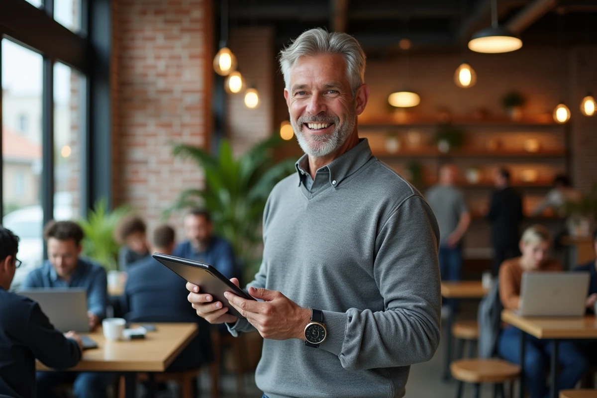 Homme souriant avec tablette dans un café animé