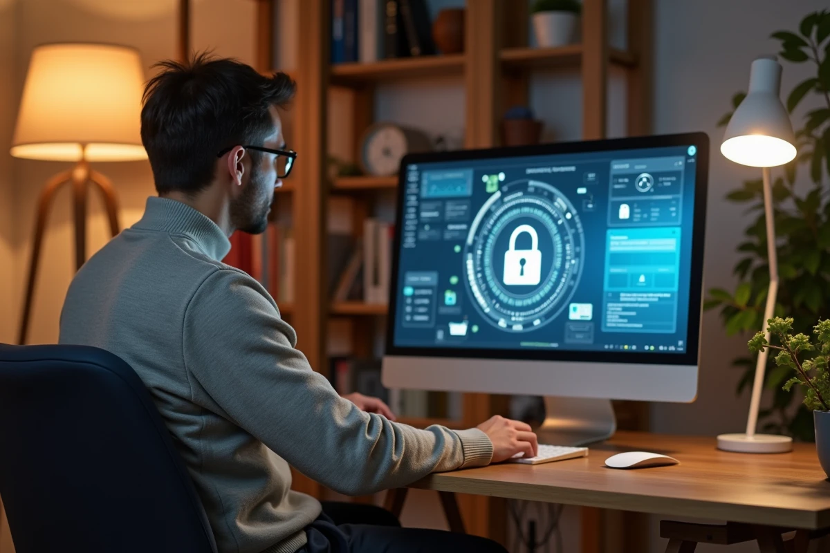 Homme consultant son coffre-fort numérique sécurisé depuis son bureau à domicile avec interface Arkevia