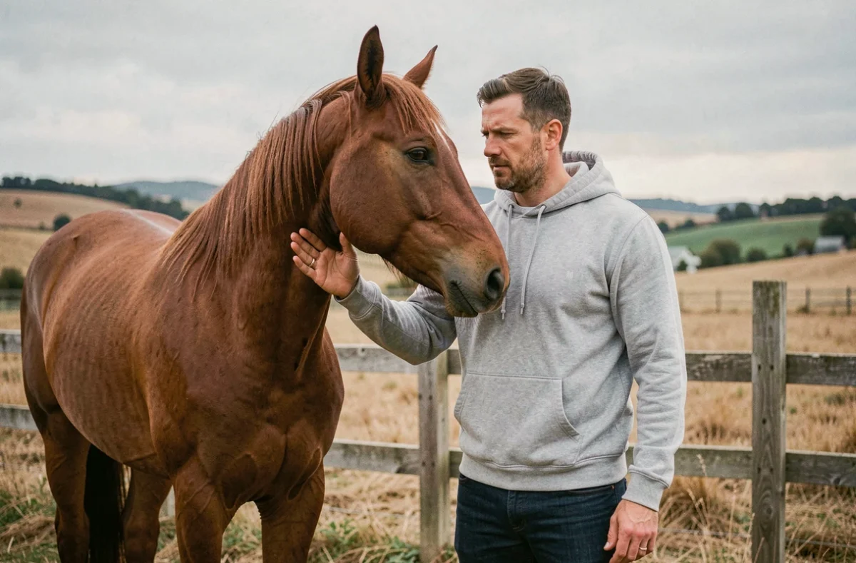 Homme observant le langage corporel de son cheval dans un paddock rural en plein air