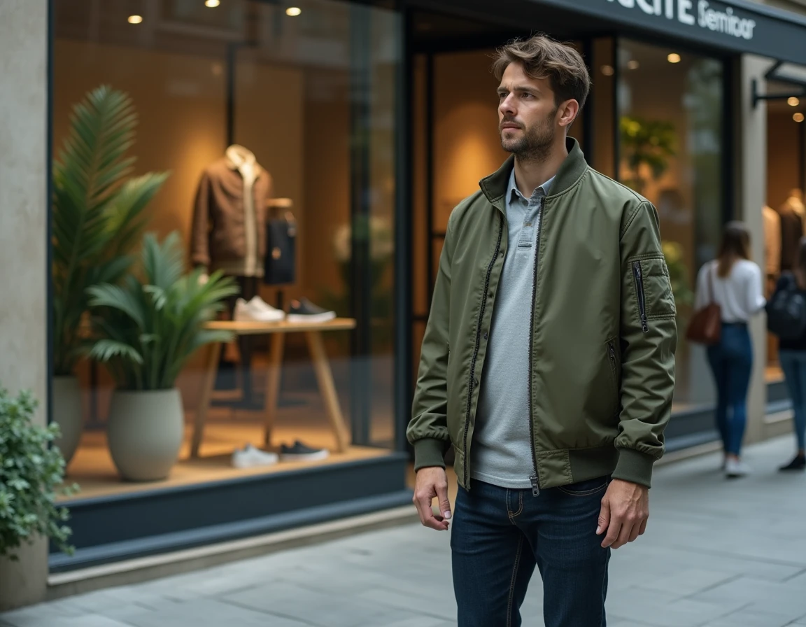 Homme tendance devant une vitrine de concept store urbain, univers lifestyle et culture contemporaine