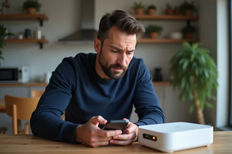 Homme examinant une box internet avec smartphone dans un intérieur moderne
