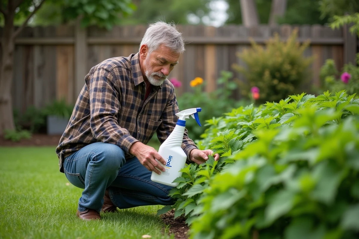 Homme en vêtements de jardinage près de plantes de orties vertes
