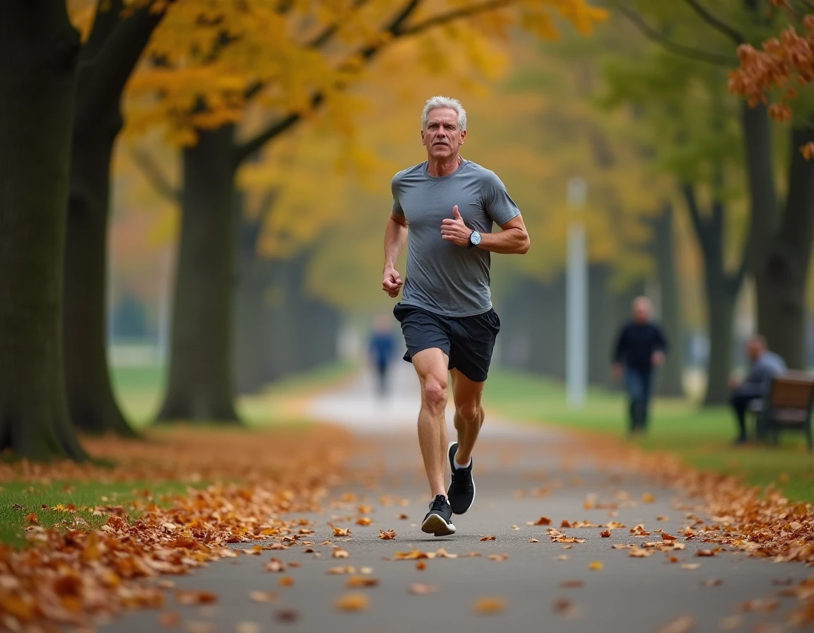 Homme qui fait du jogging dans un parc en automne pour perdre du poids naturellement grâce à l'exercice physique régulier