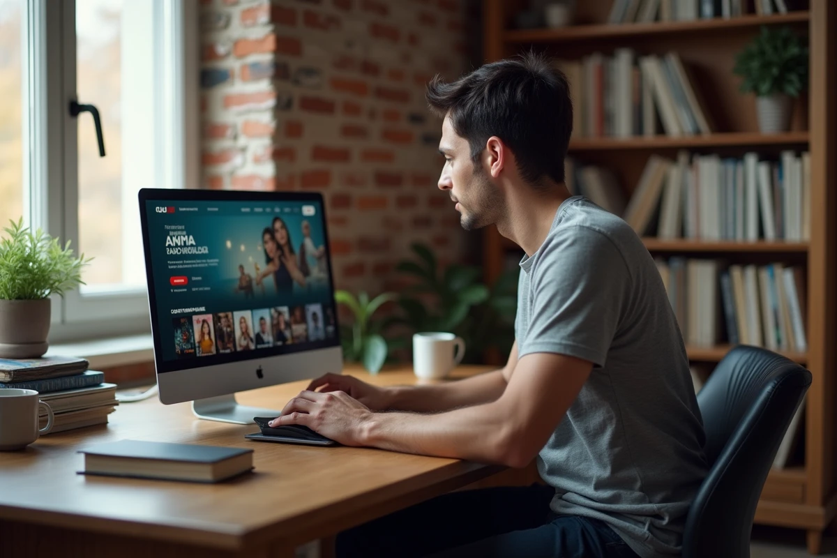 Homme regardant un catalogue de films sur une plateforme de streaming légale depuis son ordinateur portable