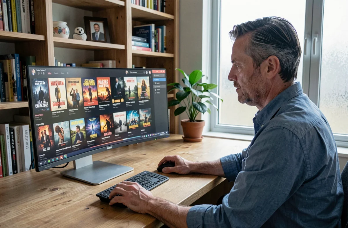 Homme parcourant les nouveautés de séries TV sur un écran d'ordinateur dans un bureau à domicile