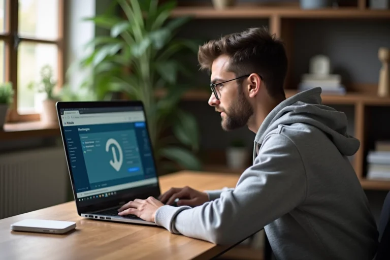 Homme utilisant un site de téléchargement en ligne sur un ordinateur portable dans un bureau moderne en 2024