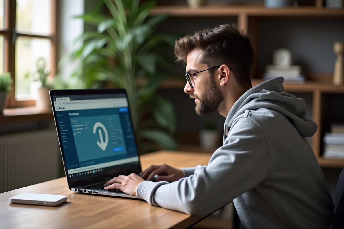 Homme utilisant un site de téléchargement en ligne sur un ordinateur portable dans un bureau moderne en 2024