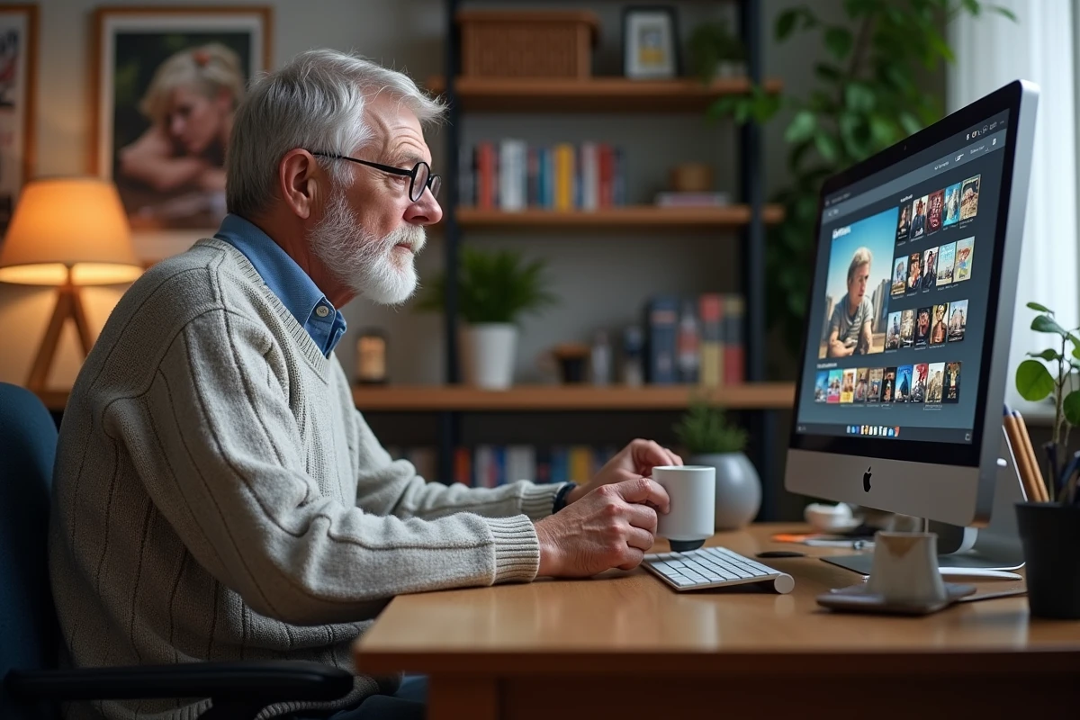 Homme d age regardant un écran de film dans un bureau lumineux