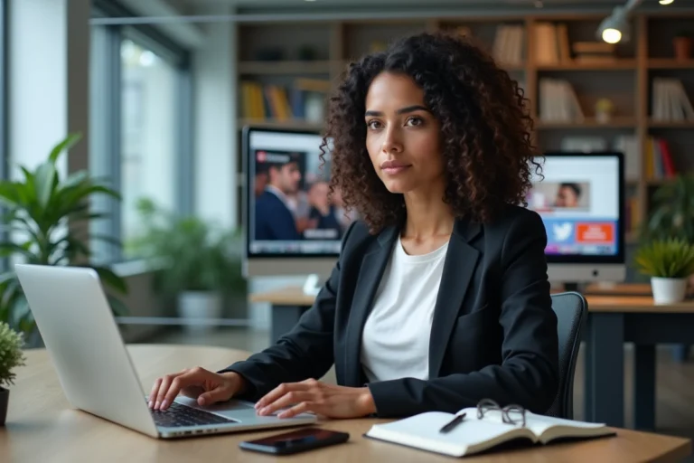 Jeune femme concentrée au bureau avec ordinateur portable