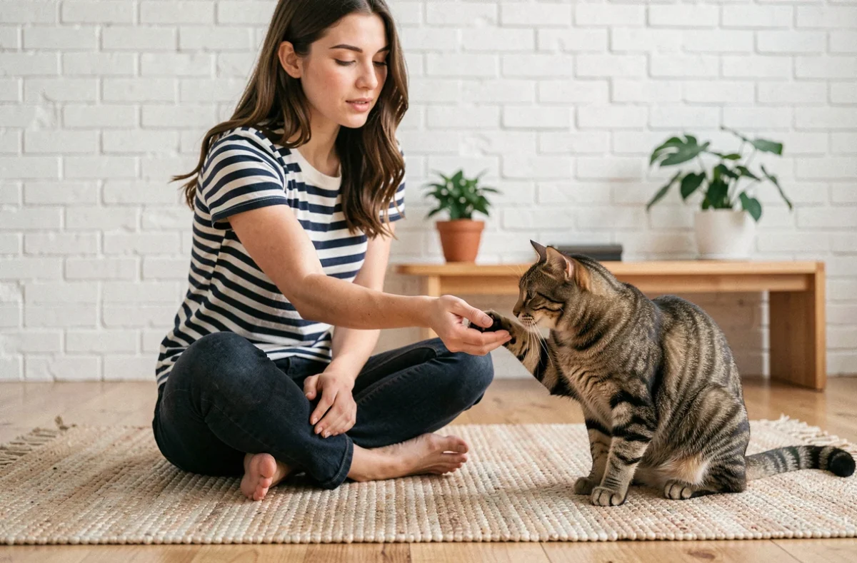 Jeune femme en train de communiquer avec son chat en lui tendant la main dans un appartement minimaliste