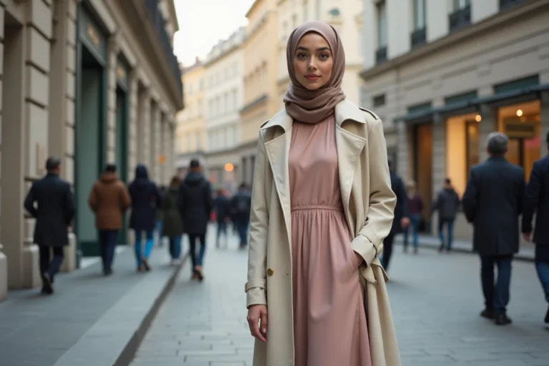 Jeune femme élégante en maxi pastel et trench dans la ville