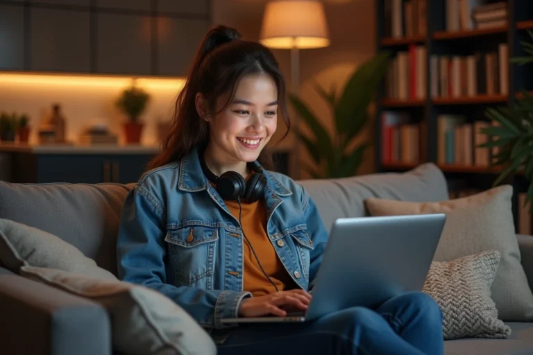 Jeune femme en denim regardant un film dans un salon cosy