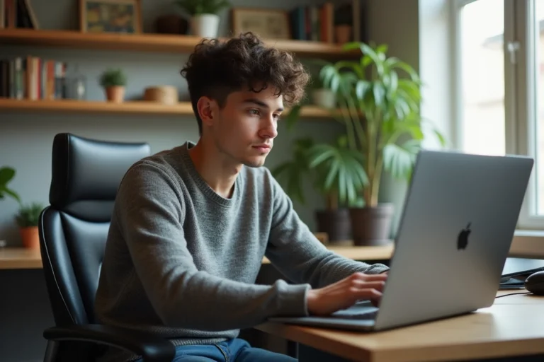 Jeune homme au bureau regardant un site de streaming