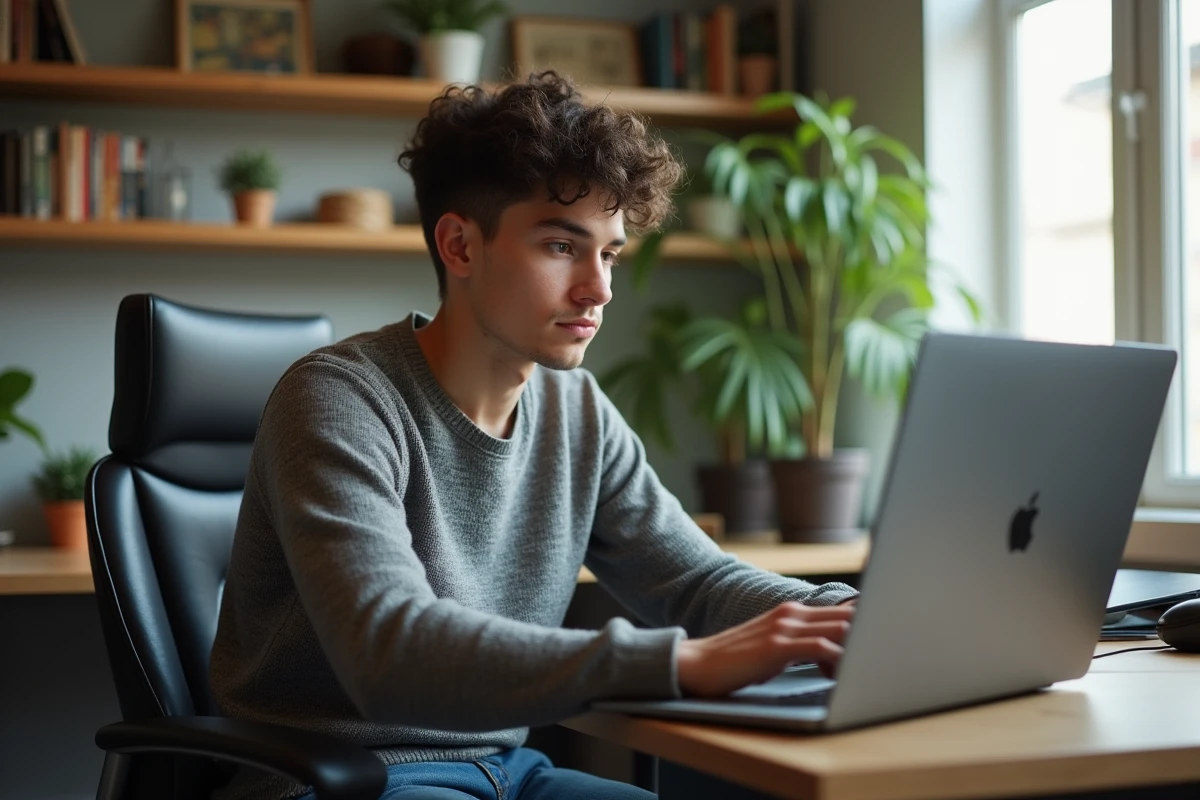 Jeune homme au bureau regardant un site de streaming