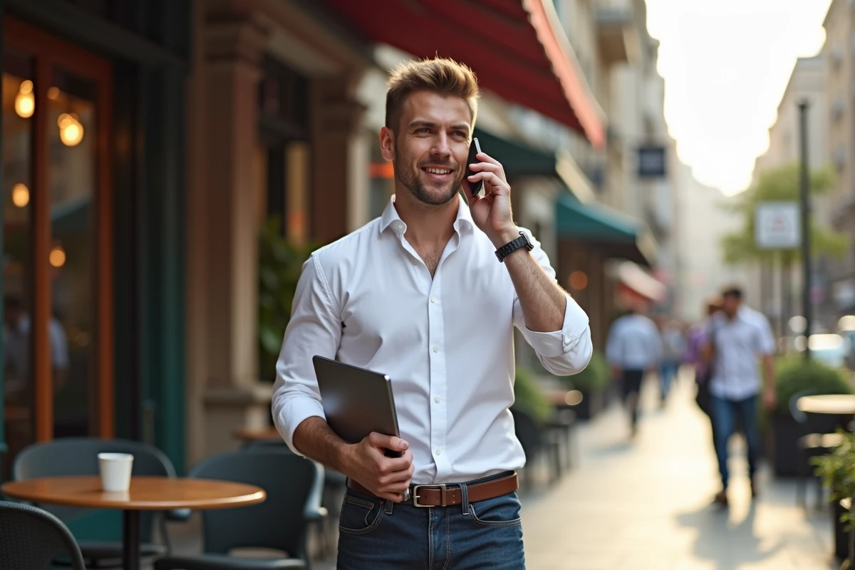 Jeune homme en ville parlant au smartphone