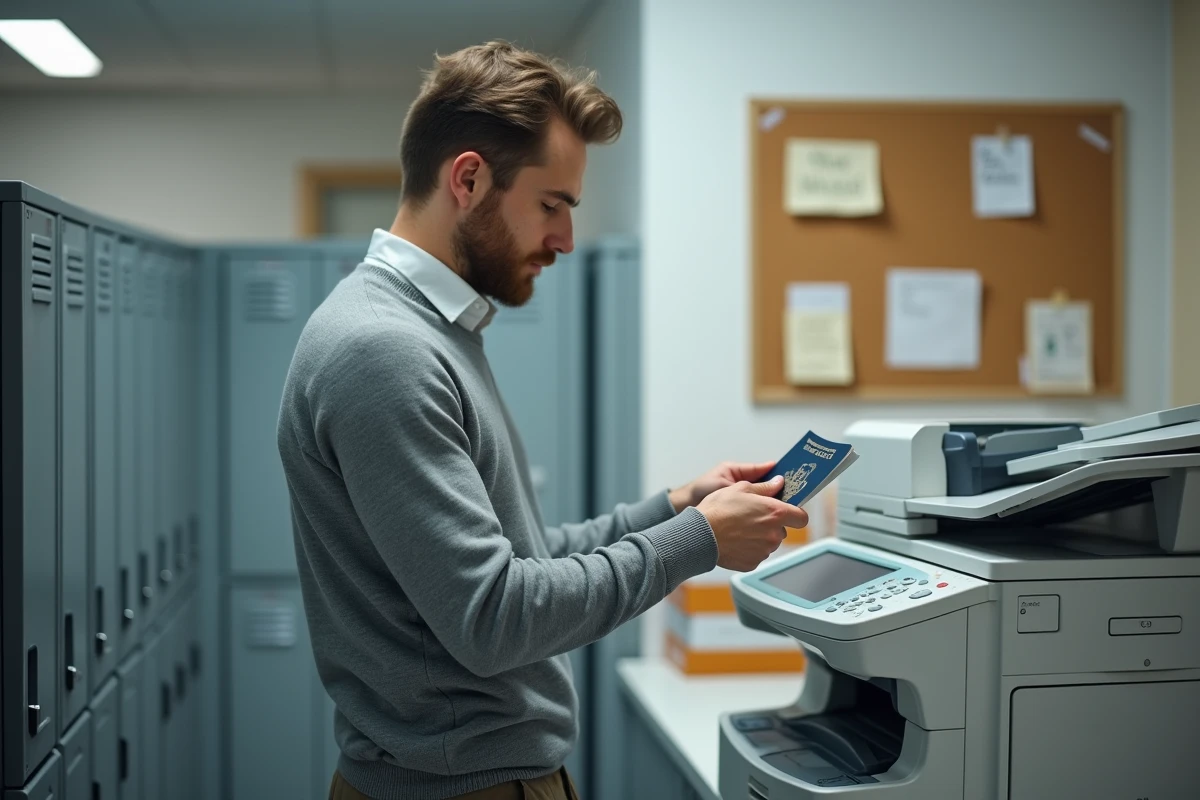 Jeune homme vérifiant son passeport dans une salle de copie