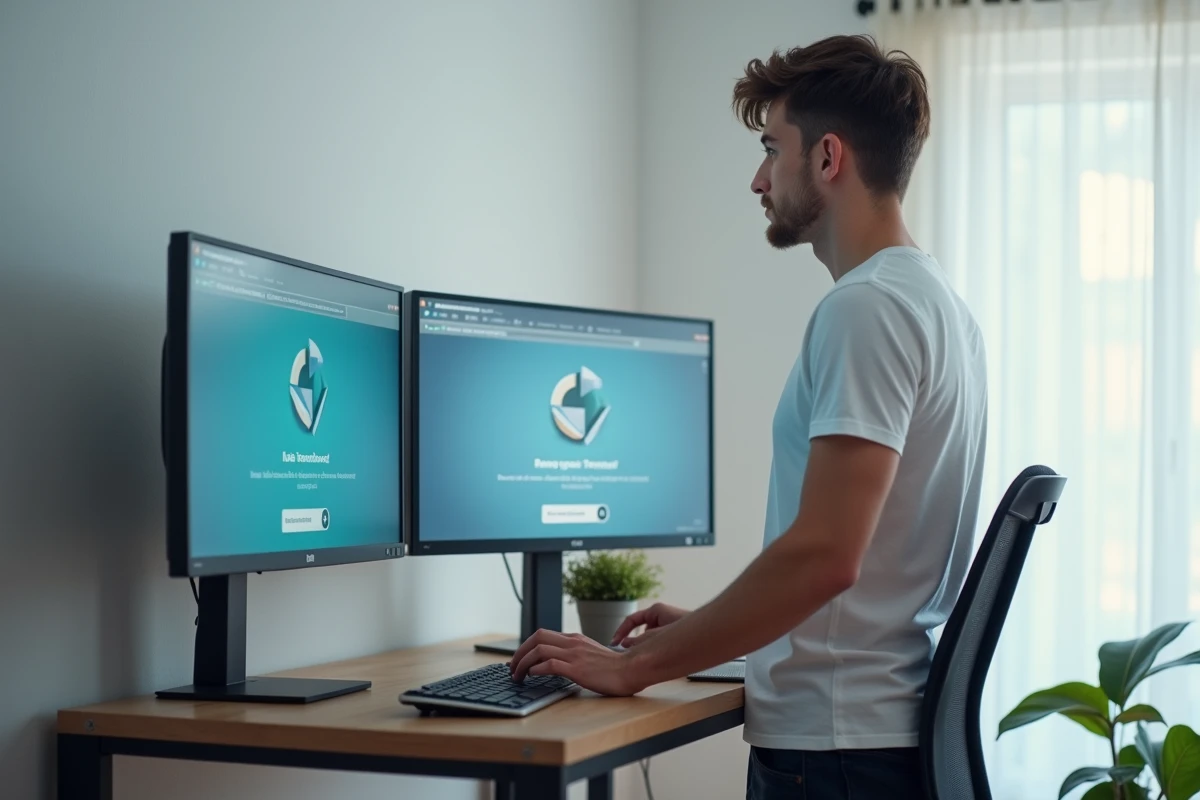 Jeune homme utilisant un double écran pour naviguer sur un site de téléchargement dans un bureau minimaliste