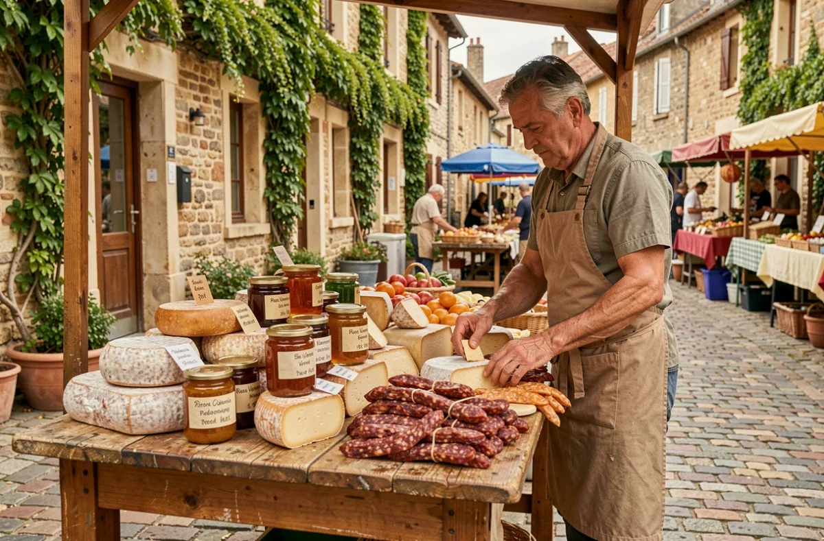 Étal de marché artisanal au cœur d'un village du Pays Vernois avec fromages locaux, miels et charcuteries régionales