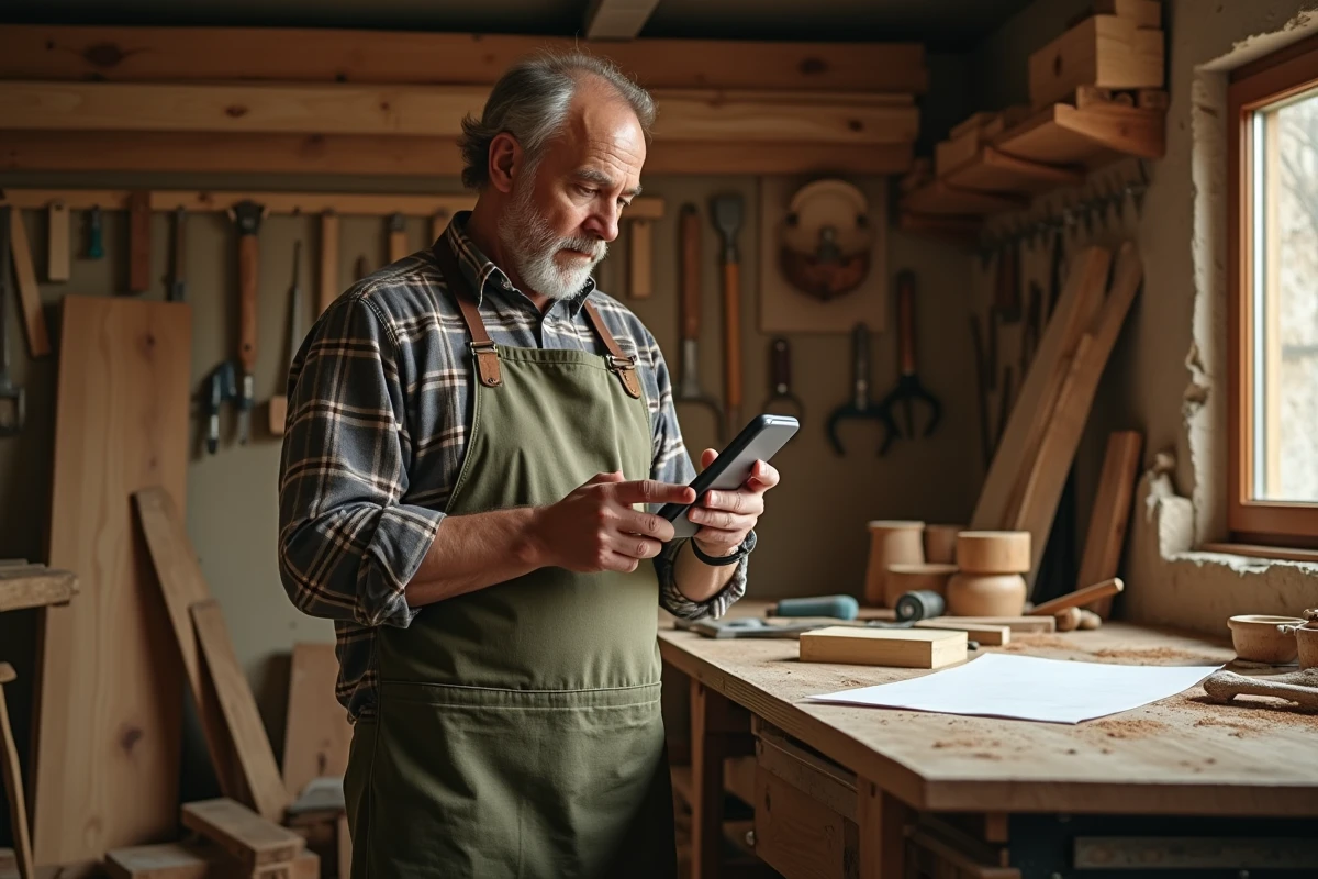Artisan menuisier dans son atelier consultant une facture papier et calculant ses cotisations URSSAF sur smartphone