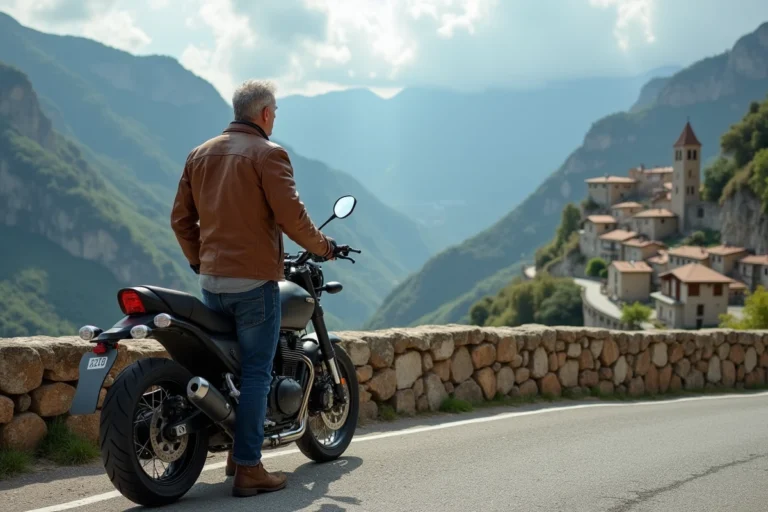 Motard en cuir regardant la vallée des Pyrénées