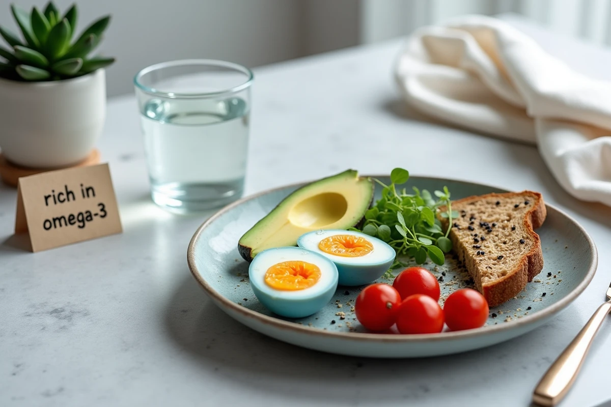 Petit-déjeuner santé avec des œufs bleus mollets coupés en deux sur assiette céramique entourés d'avocat et de tomates cerises