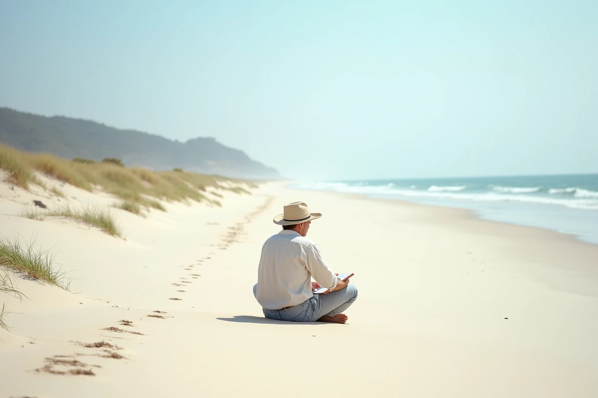 Homme seul dessinant sur l'immense plage sauvage de l'Espiguette dans son secteur est non aménagé