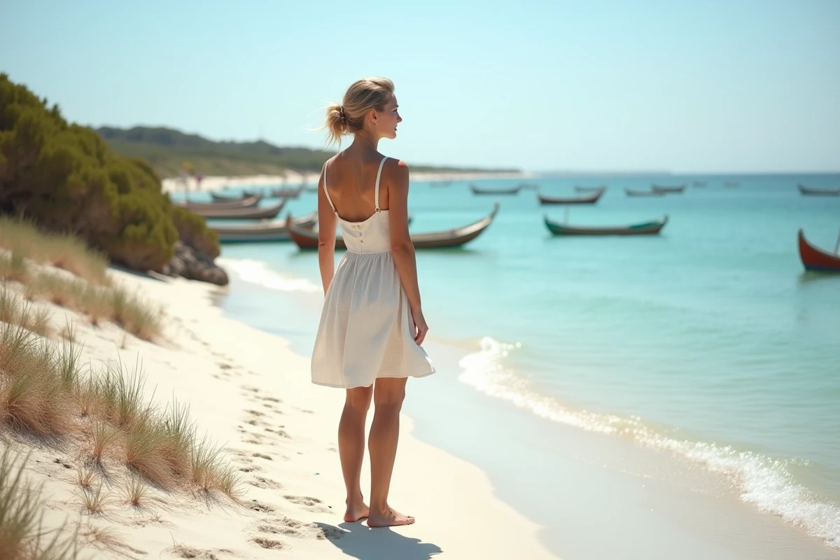 Femme au bord de l'eau sur la plage de la Gracieuse au Grau-du-Roi avec bateaux de pêche en arrière-plan
