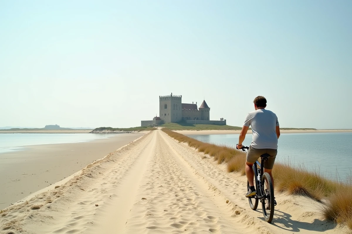 Cycliste longeant la plage de Maguelone avec la cathédrale médiévale sur son isthme en arrière-plan