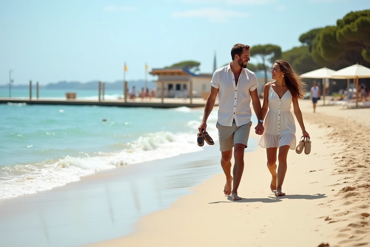 Couple se promenant main dans la main sur la plage du Petit Travers à Carnon-Mauguio