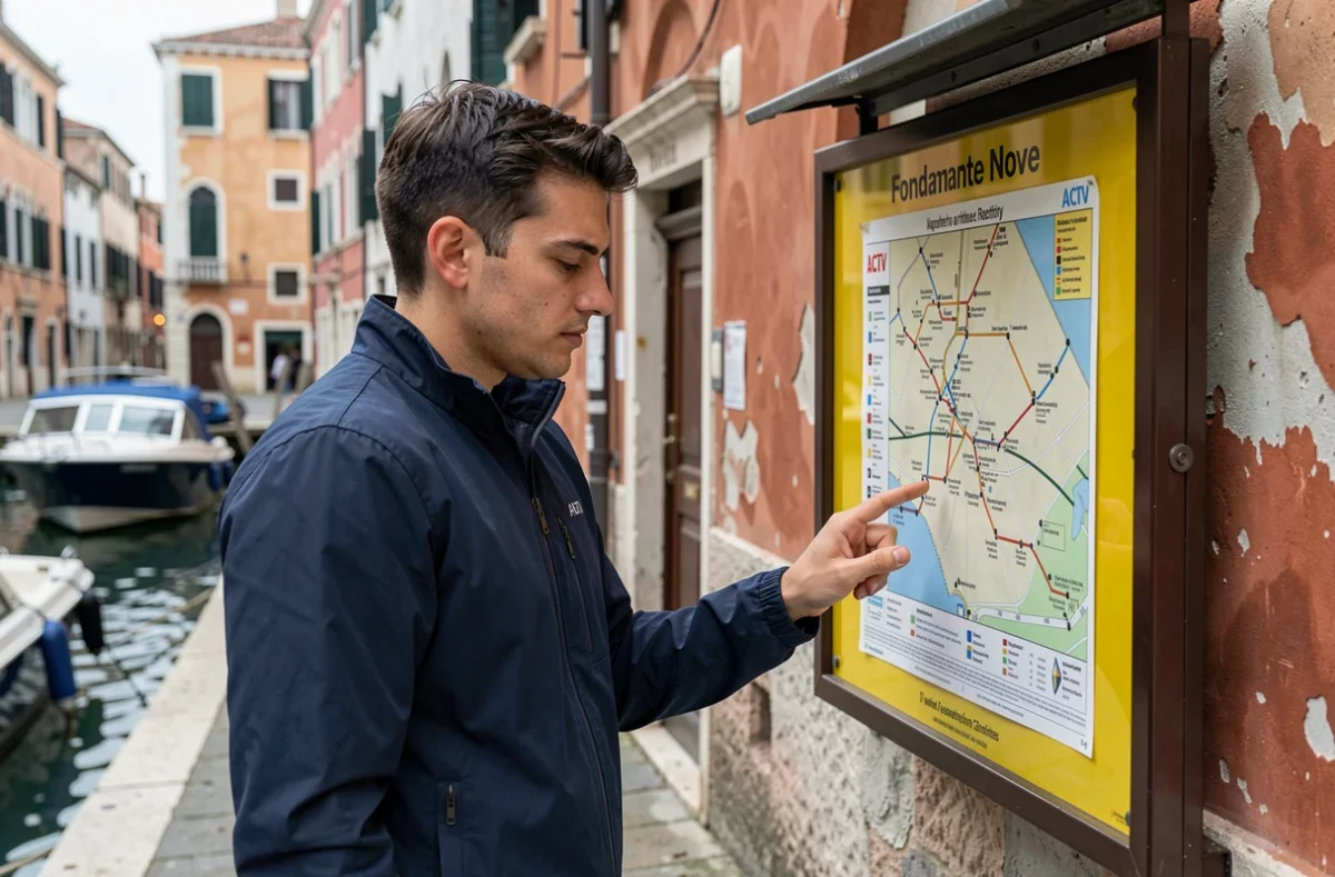 Touriste consultant le plan des lignes de vaporetto à l'arrêt Fondamente Nove de Venise