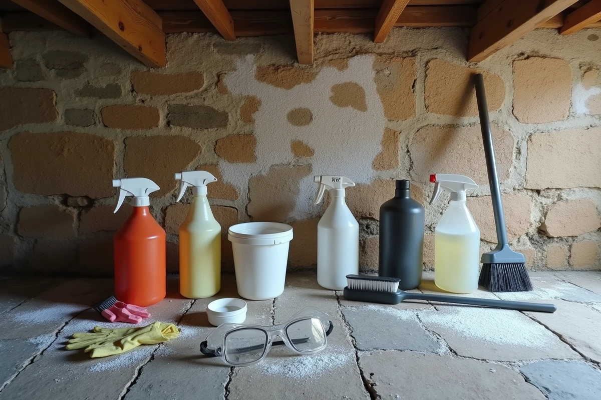 Outils et produits professionnels pour traiter le salpêtre dans une cave en pierre