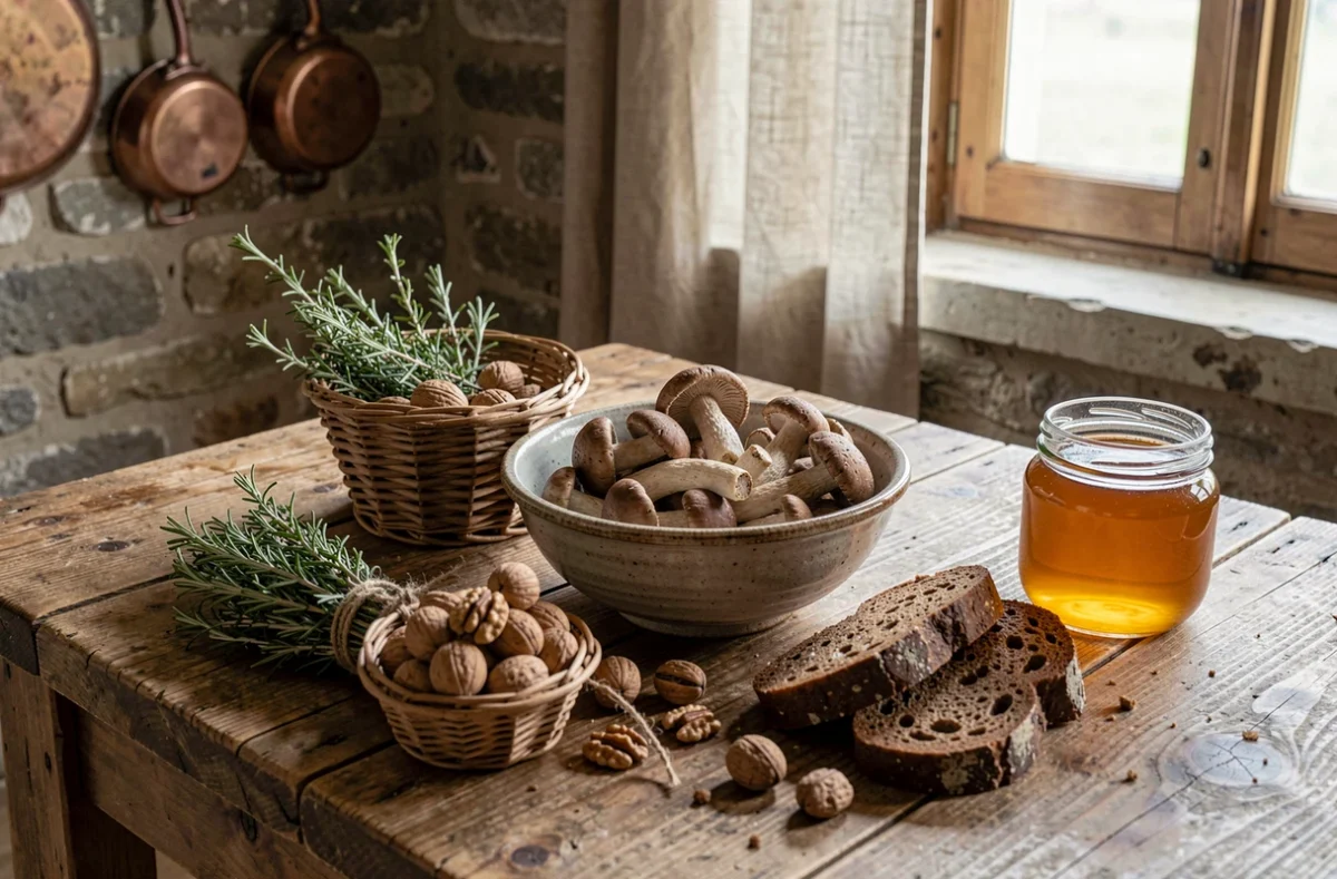 Nature morte rustique de produits du terroir du Pays Vernois avec champignons sauvages, noix et herbes aromatiques sur table en chêne