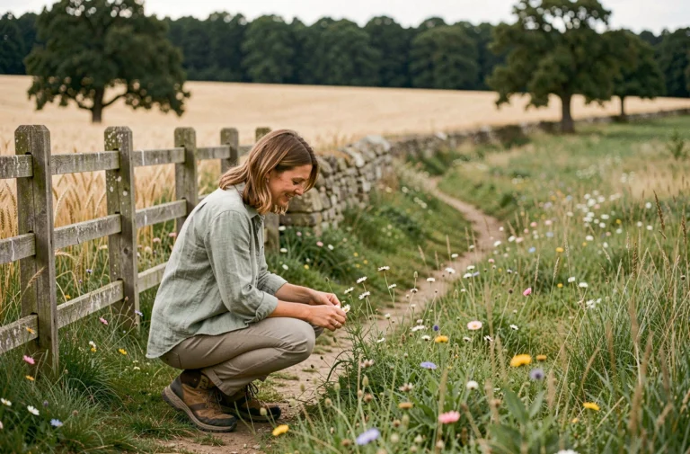 Femme en randonnée explorant les sentiers bucoliques du Pays Vernois entourée de prairies verdoyantes et de fleurs sauvages