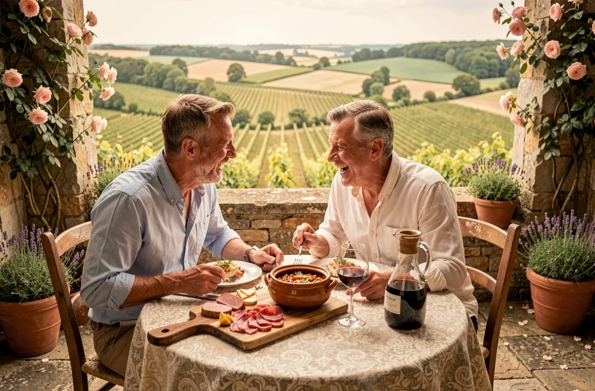 Couple savourant un repas gastronomique en terrasse avec vue sur les vignobles du Pays Vernois