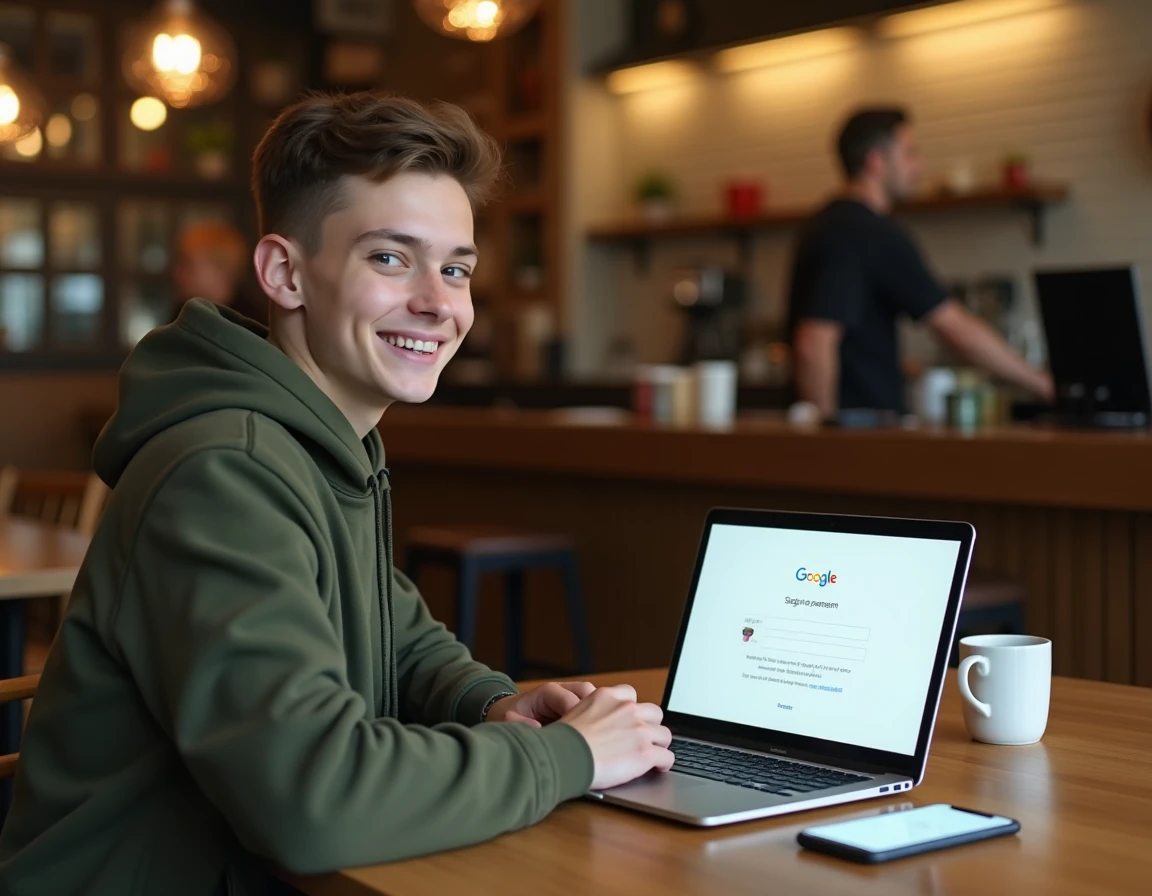 Jeune adulte dans un café récupérant son code de vérification Google à 6 chiffres sur smartphone et ordinateur portable