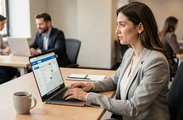 Salariée accédant à son espace personnel Advango sur un ordinateur portable au bureau