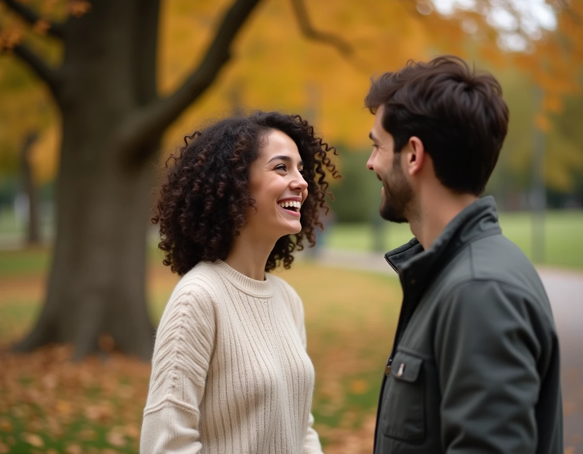Femme riant aux éclats face à un homme dans un parc en automne, expression d'attirance et de complicité