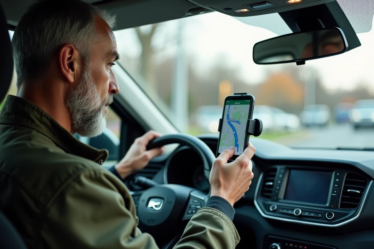 Homme fixant son téléphone avec Waze sur un support pare-brise dans un SUV pour la navigation