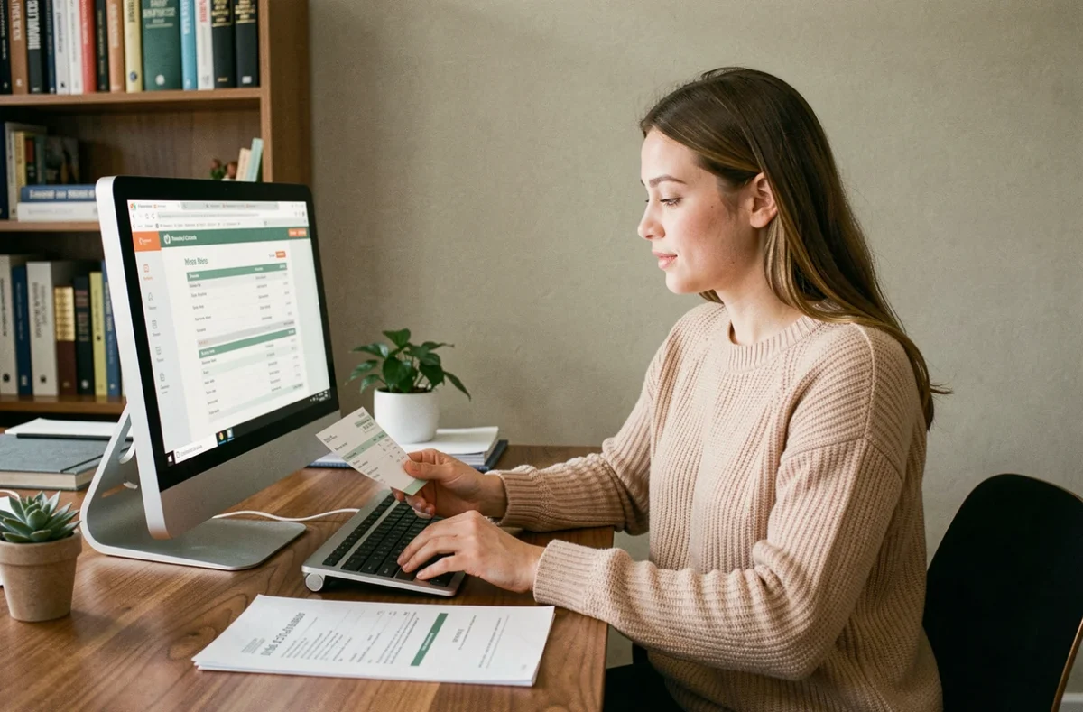 Jeune salariée gérant ses fiches de paie et son compte Advango depuis son bureau à domicile