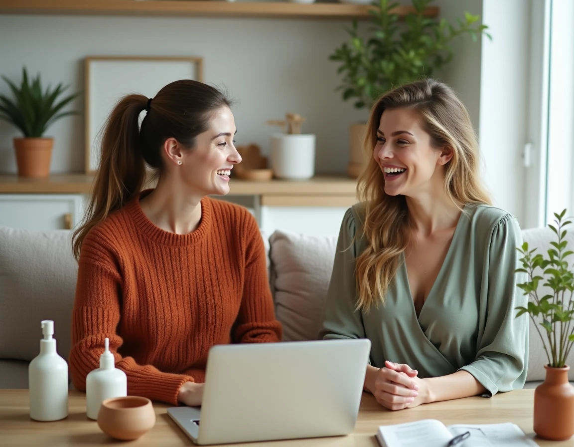 Deux femmes discutant tendances lifestyle dans un appartement scandinave moderne avec décoration contemporaine