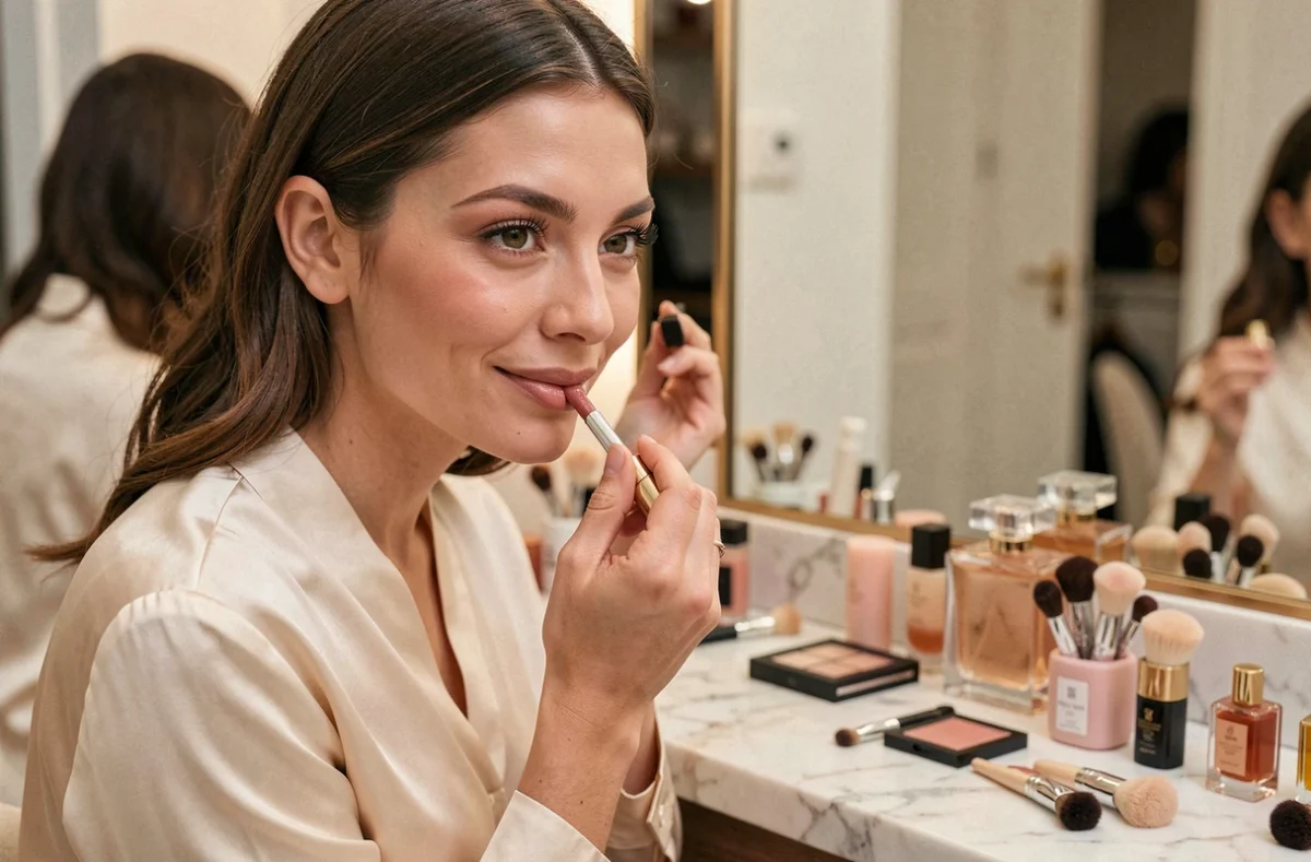 Jeune femme appliquant du rouge à lèvres devant un miroir de vanité dans un dressing parisien moderne avec des produits de maquillage de luxe