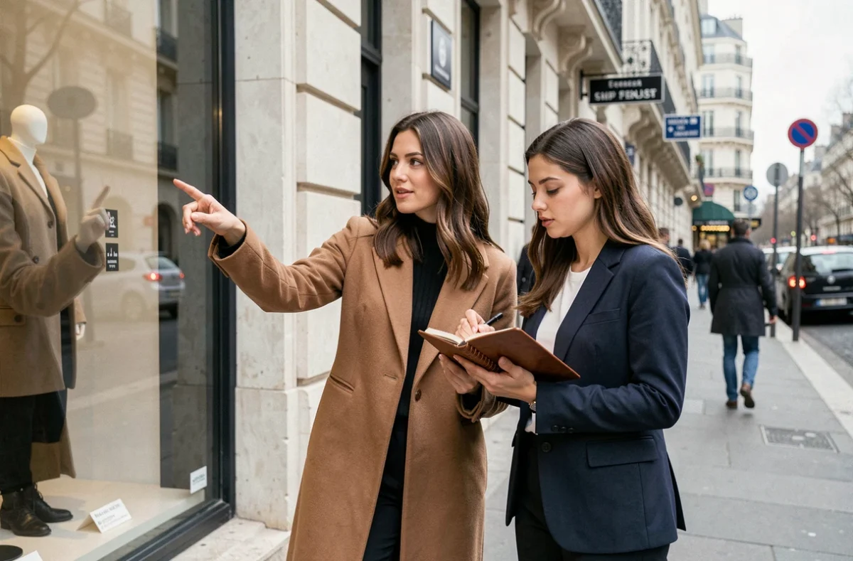 Deux femmes découvrant les tendances mode devant une boutique concept store parisienne