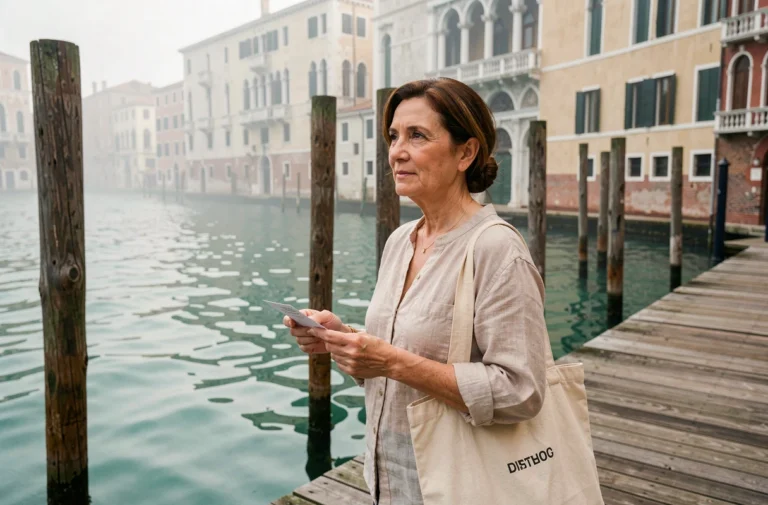 Femme tenant un ticket de vaporetto sur l'embarcadère de Venise avec la lagune en arrière-plan